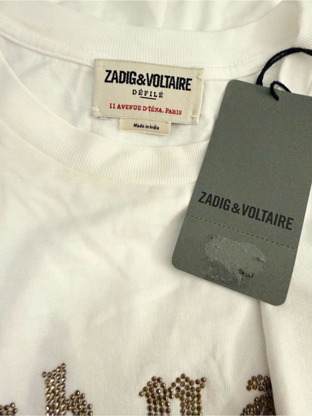 Zadig & Voltaire Cloe Rock’n Roll Rhinestone Graphic Tee NWT Size Small White - Picture 8 of 10
